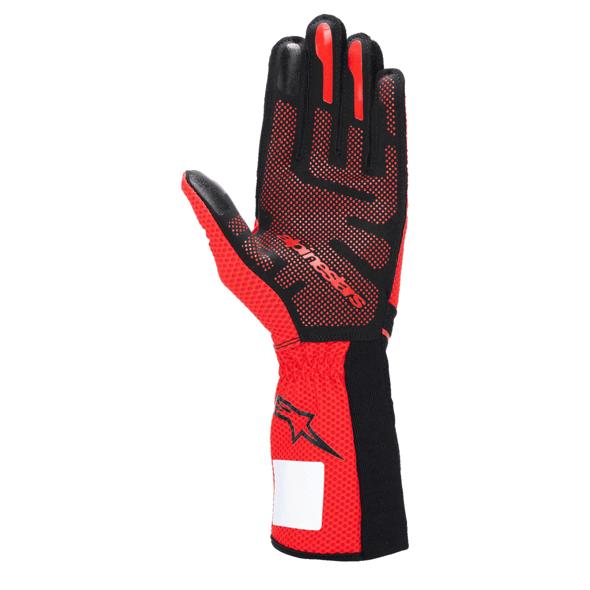 Gants Alpinestars Tech-1 KX V4, gants de karting, noir et rouge, vue de la paume montrant le motif d'adhérence en silicone 3D, tissu en maille rouge respirant et étiquette d'identification blanche sur le poignet