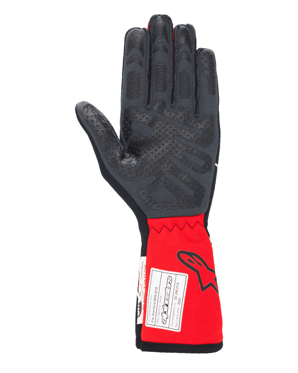 Gants Alpinestars Tech-1 Race V4, gants de course automobile, noir et rouge, vue de la paume mettant en évidence les motifs d'adhérence en silicone sur les doigts et la paume, manchette rouge allongée avec logo Alpinestars et étiquette d'homologation FIA, équipement de sport automobile haute performance
