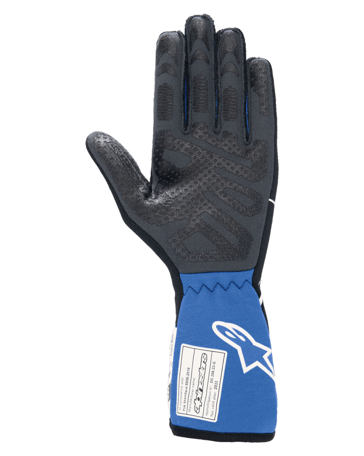 Gants Alpinestars Tech-1 Race V4, noir et bleu, vue de la paume intérieure montrant le motif d'adhérence en silicone texturé, manchette bleue allongée avec étiquette d'homologation FIA et logo Alpinestars blanc, équipement professionnel de course automobile