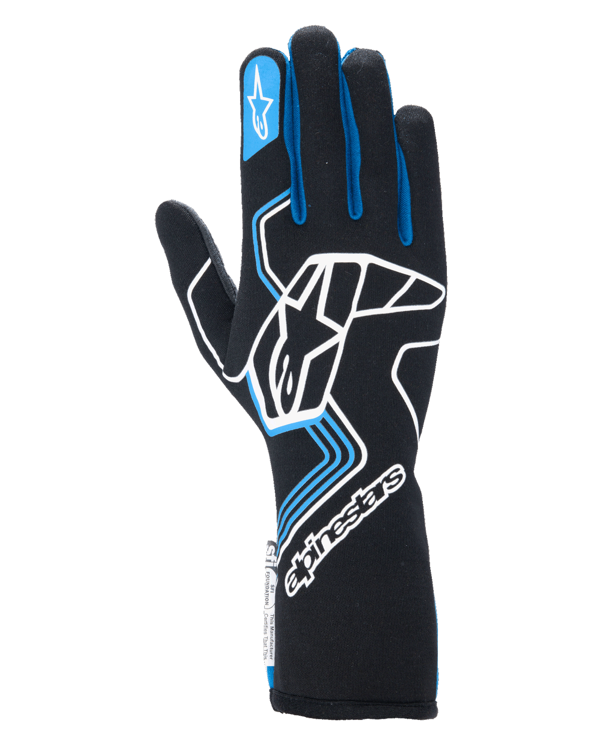 Gants Alpinestars Tech-1 Race V4, gants de course automobile, noirs avec accents bleus et blancs, dotés d'un grand logo blanc sur le dos de la main, de liserés bleus sur les doigts et d'une manchette longue, conception ignifugée professionnelle pour le sport automobile