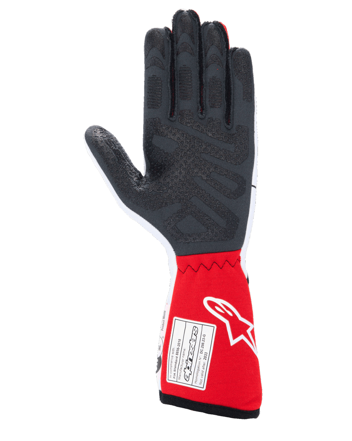 Gants Alpinestars Tech-1 Race V4, gants de course automobile, blanc et rouge, vue de la paume présentant des motifs d'adhérence en silicone noir texturé et une étiquette d'homologation FIA 8856-2018 sur la manchette rouge, équipement de sport automobile professionnel