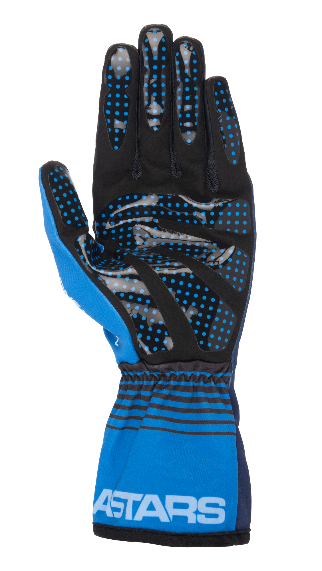Gants Alpinestars Tech-1 K Race V2 Future, gants de karting, bleu marine et bleu clair, vue de la paume en daim synthétique noir avec points d'adhérence en silicone bleu, manchette élastiquée avec rayures horizontales noires et logo ASTARS blanc