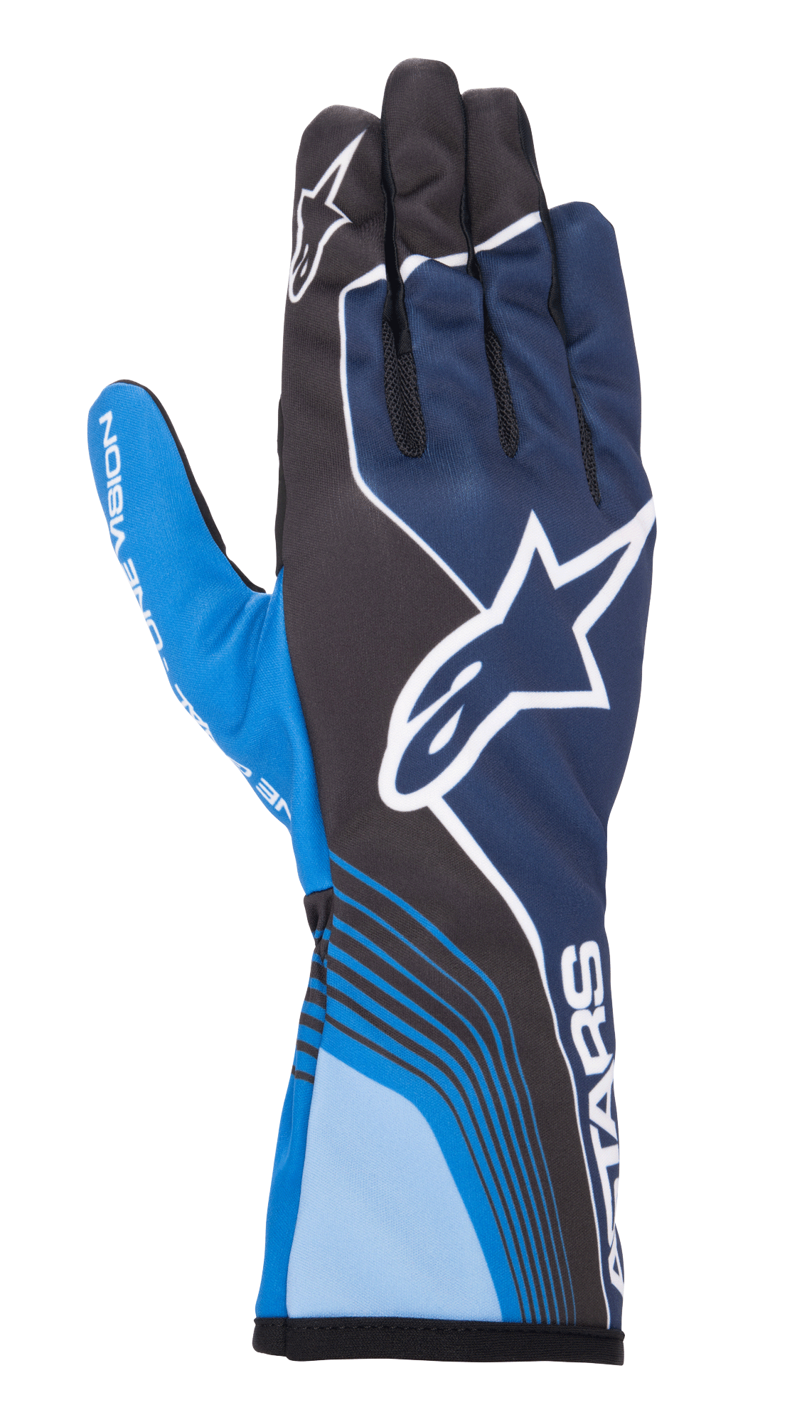 Gants Alpinestars Tech-1 K Race V2 Future, gants de karting, bleu marine et bleu clair avec accents noirs, dotés d'un grand logo étoile blanc, de lignes courbes dynamiques, de sections en mesh sur les doigts et d'un design motorsport sportif avec marquage blanc