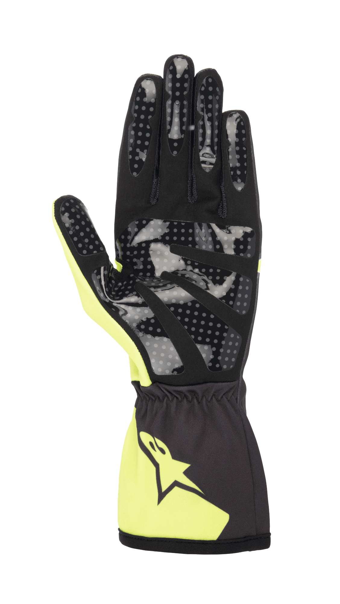 Gants Alpinestars Youth Tech-1 K Race S V2 Corporate, gants de karting, anthracite et lime, vue de la paume montrant l'impression d'adhérence en silicone à pois, paume en daim synthétique et poignet élastiqué avec logo Alpinestars