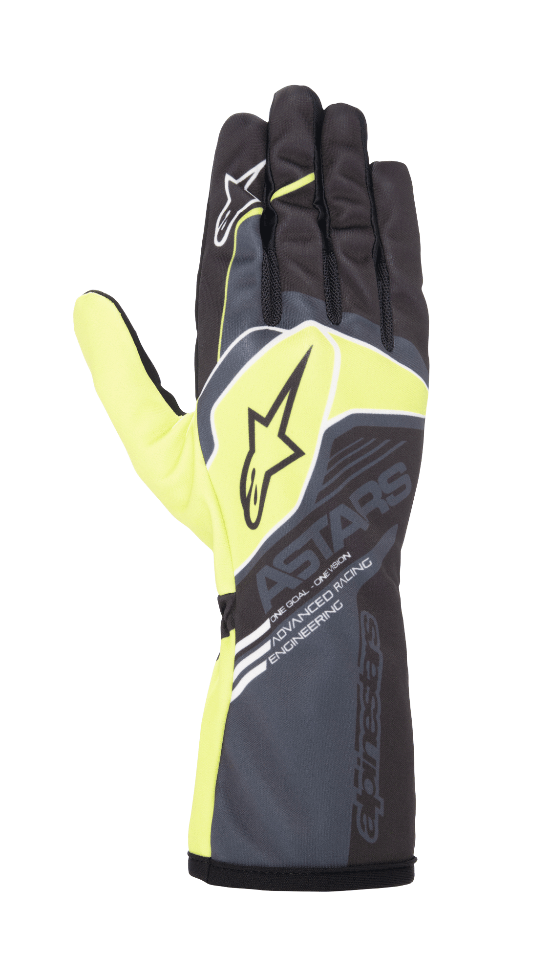 Gants Alpinestars Youth Tech-1 K Race S V2 Corporate, gants de karting pour enfant, anthracite et jaune fluo, avec logos étoiles et marquage « ASTARS », manchette longue avec texte « Advanced Racing Engineering », design de course performant pour jeunes pilotes