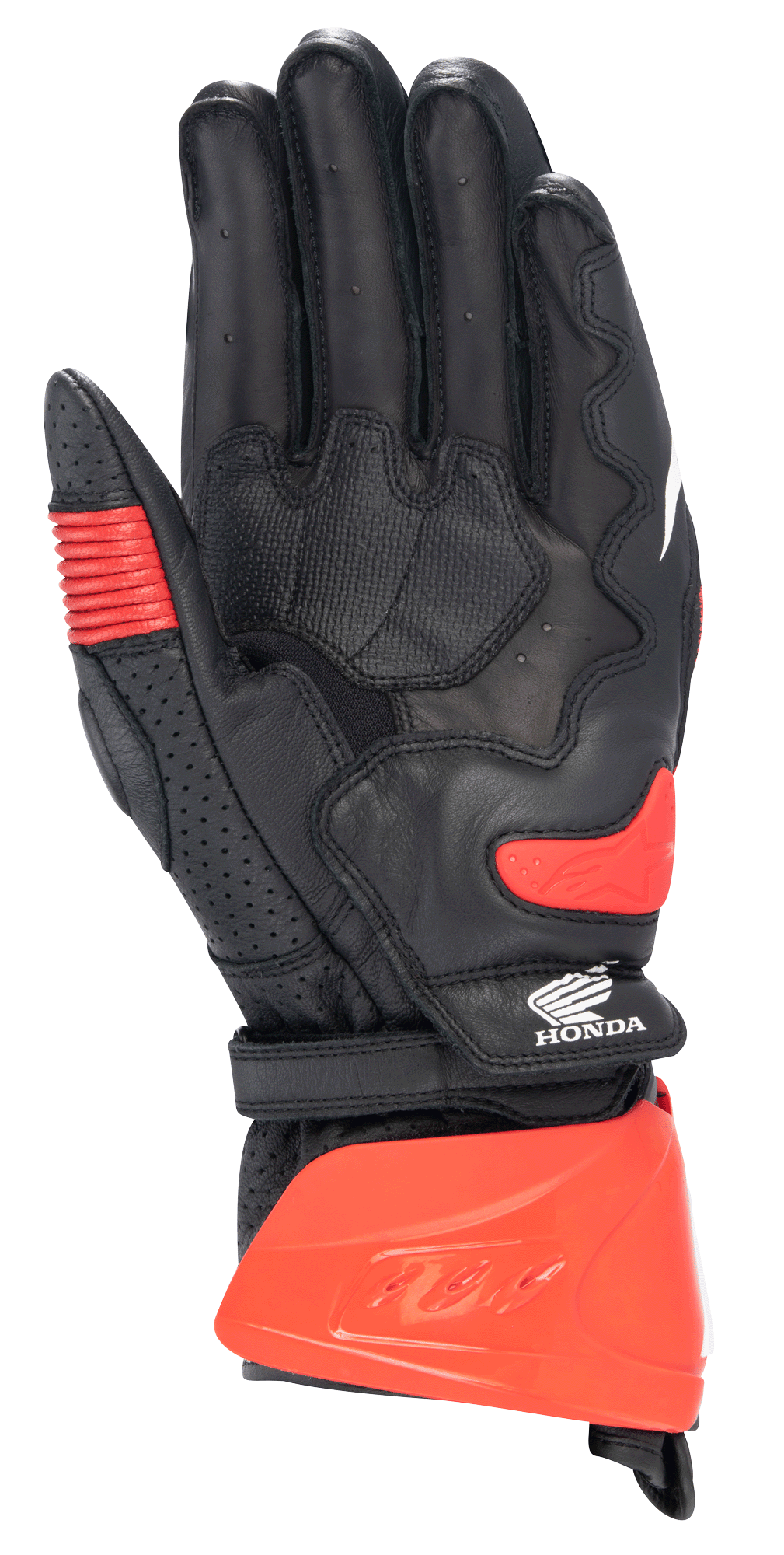 Gants Alpinestars Honda GP Pro R3, gants de sport racing à manchette longue, noir et rouge vif, vue de la paume avec protège-manchette rigide rouge, slider de paume et logo Honda, équipement de course moto professionnel