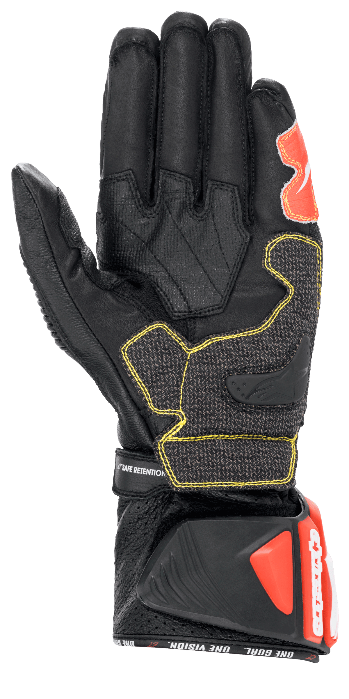 Gants Alpinestars GP Tech V2, noir, blanc et rouge fluo, vue de la paume montrant la construction en cuir noir avec surpiqûres contrastées jaunes, manchette de protection DFS avec accents rouges, équipement professionnel de moto de course