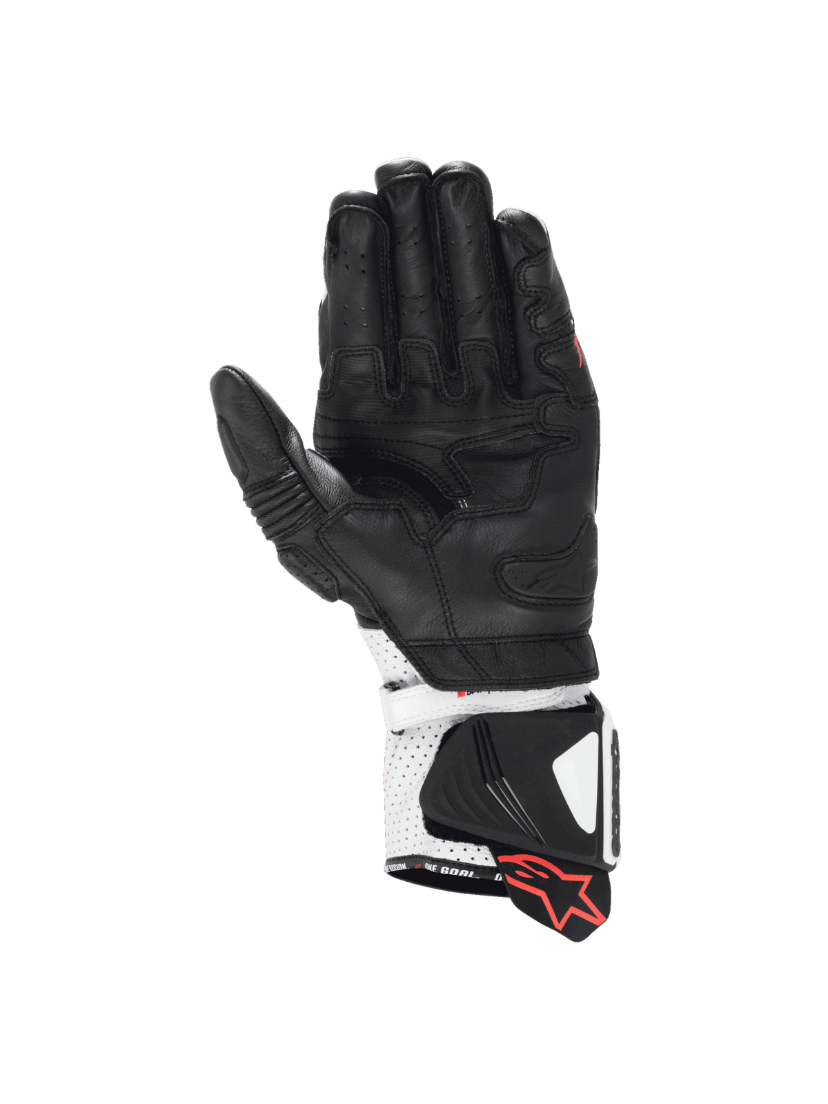 Gants de moto Alpinestars GP Pro R4 noirs et blancs en cuir, paume en cuir de kangourou et manchette DFS.