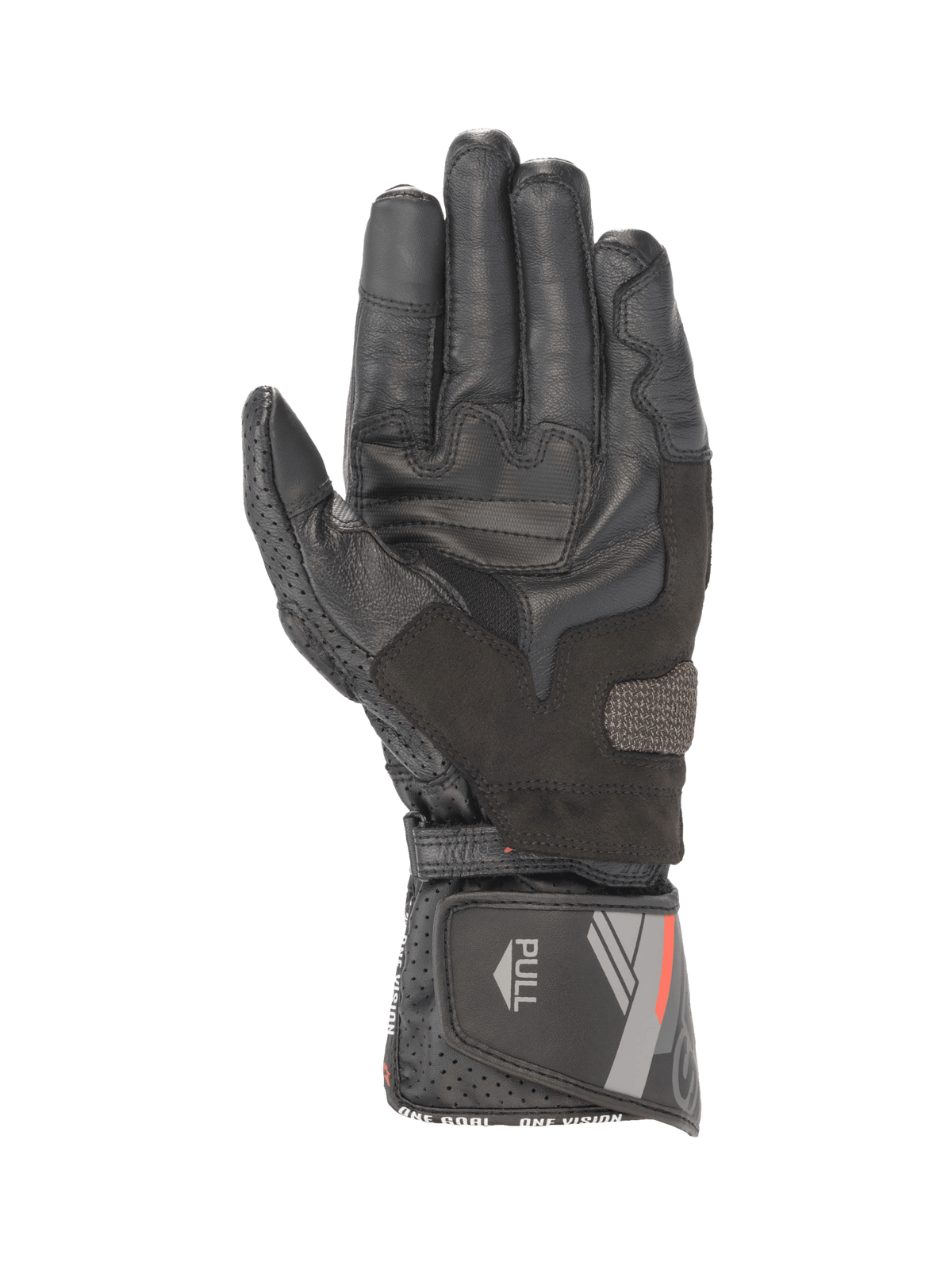 Alpinestars SP-8 V3, gants de moto en cuir noir, vue de la paume avec renforts de grip et manchette sécurisée.