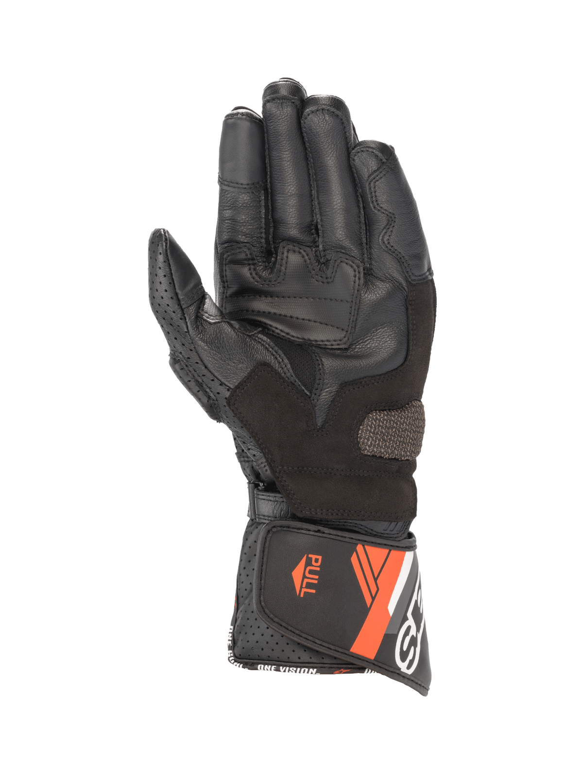 Alpinestars SP-8 V3, gants de moto en cuir pour homme, noirs et rouge fluo, vue de la paume avec inserts de grip.