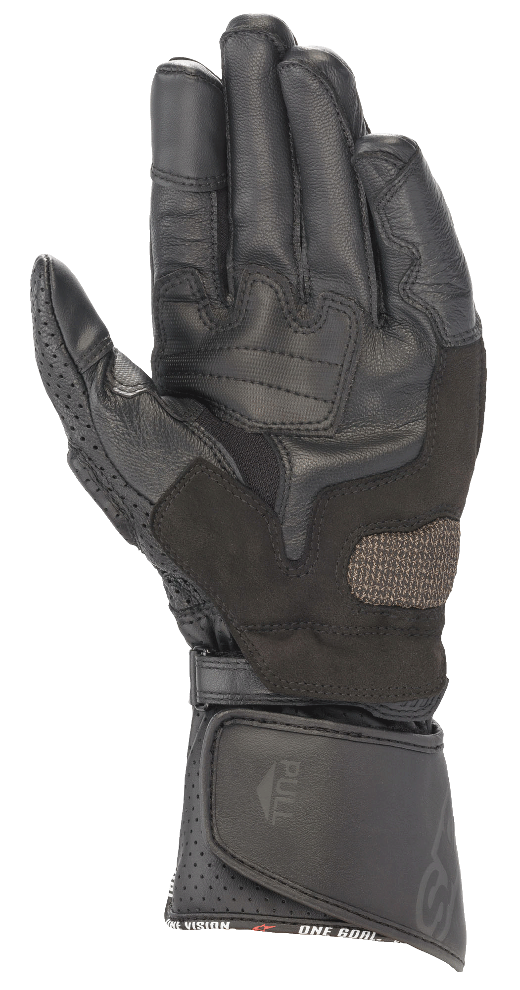 Gants en cuir Alpinestars SP-8 V3, Noir Noir, vue de la paume montrant les inserts de préhension renforcés, le pouce perforé et la fermeture de manchette réglable par bande auto-agrippante, protection de course moto haute performance