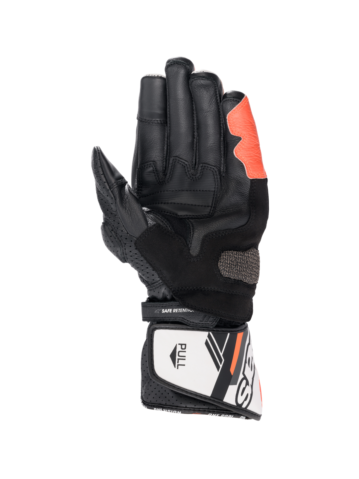Gants Alpinestars SP-8 V3, gants de moto homme en cuir noirs, blancs et rouge fluo, vue paume et slider Arshield.