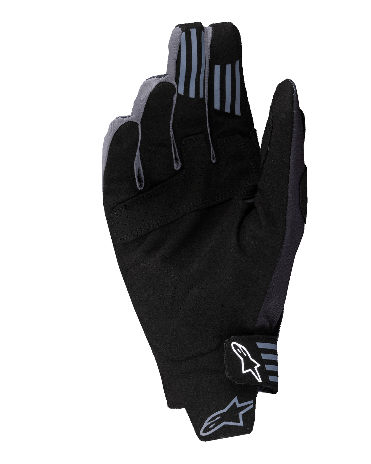 Alpinestars 2025 Techstar Gloves, gants de motocross, noir, vue de la paume montrant le matériau en daim synthétique avec détails perforés, grip en silicone sur le bout des doigts et logo Alpinestars blanc sur la fermeture du poignet.