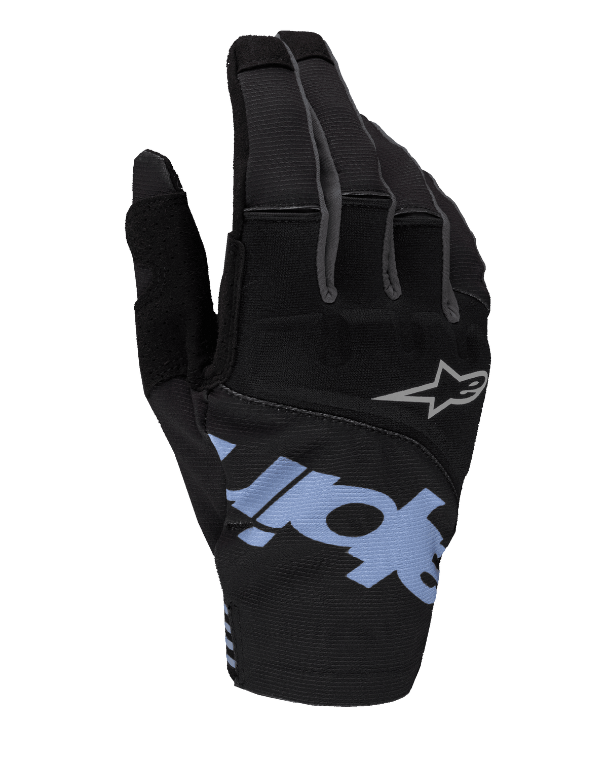 Gants Alpinestars Techstar 2025, gants de motocross, noirs avec accents bleu clair et gris, dotés d'un grand marquage bleu clair et d'un petit logo étoile gris, dos de la main en ripstop extensible et néoprène pour la course tout-terrain