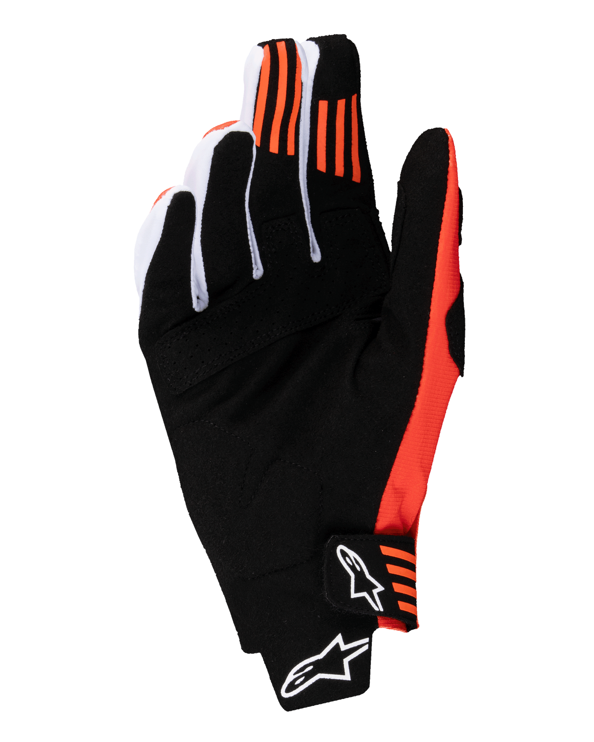 Gants Alpinestars Techstar 2025, gants de motocross, noir et orange vif, vue de la paume en daim synthétique, grip en silicone orange sur le bout de l'index et du majeur, et fermeture moulée avec logo Alpinestars blanc.