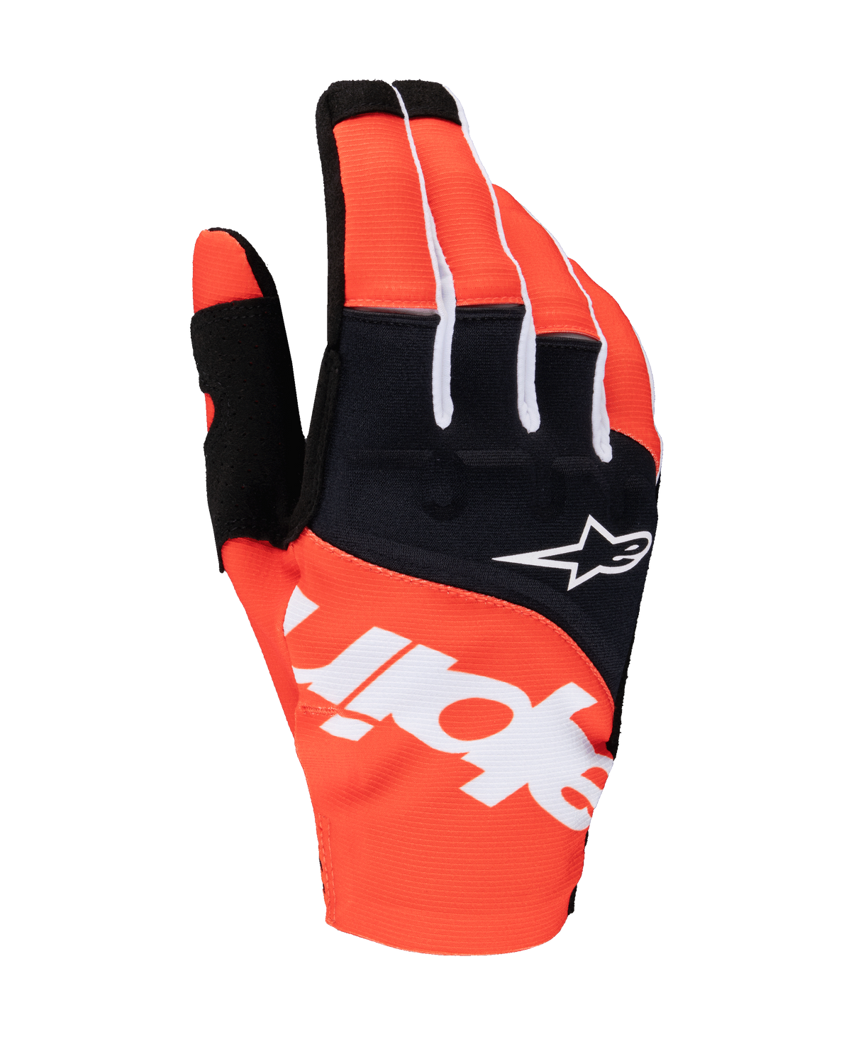 Gants Alpinestars Techstar 2025, gants de motocross, noir et orange vif, avec logo Alpinestars blanc sur le dos de la main, logo étoile blanc sur l'empiècement noir aux articulations, équipement textile de performance pour la course tout-terrain
