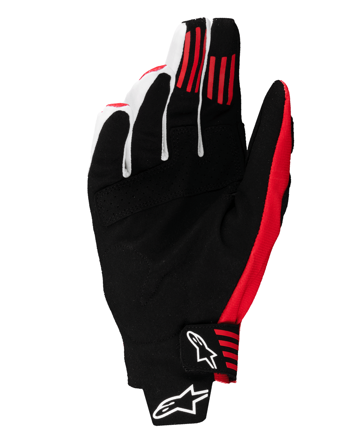Gants Alpinestars Techstar 2025, gants de motocross, noir et rouge vif, vue de la paume montrant la construction en daim synthétique, bandes d'adhérence en silicone rouge sur les doigts et fermeture moulée au poignet avec logos Alpinestars blancs