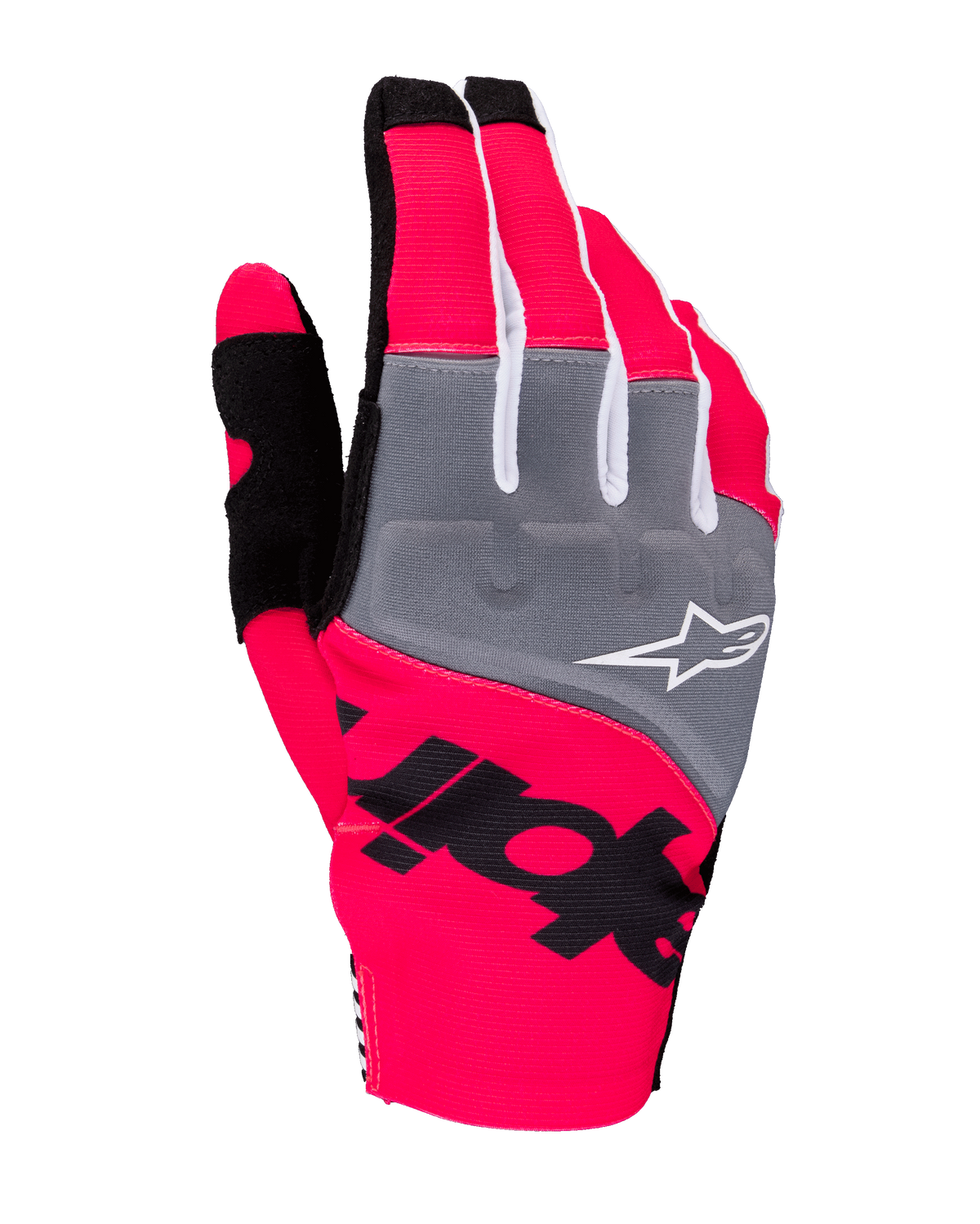 Alpinestars 2025 Techstar Gloves, Motocross Gloves, Pink Fluo Gray and Black, featuring gray knuckle panels with white logo, bold black branding on neon pink stretch fabric, lightweight design with white accents for off-road performance
