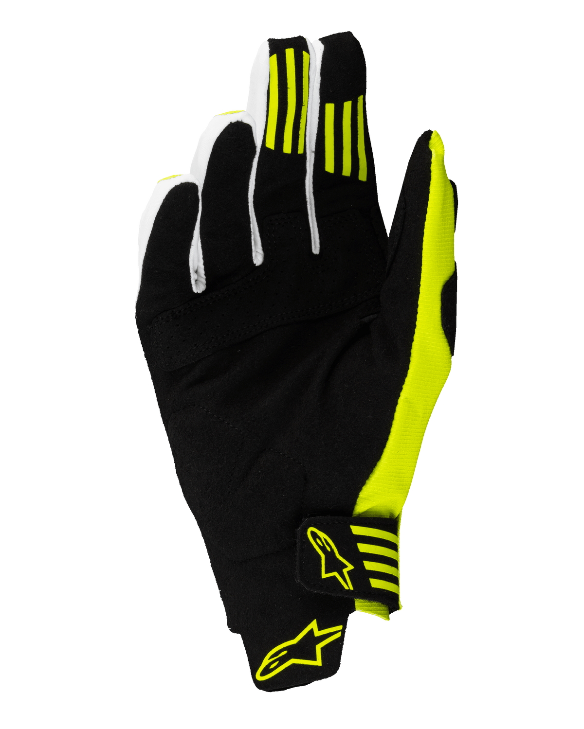 Alpinestars 2025 Techstar Gloves, Motocross Gloves, Black and Yellow Fluo, palm side view featuring reinforced synthetic suede, silicone grip stripes on the first and second fingers, and a secure wrist closure with yellow logos.