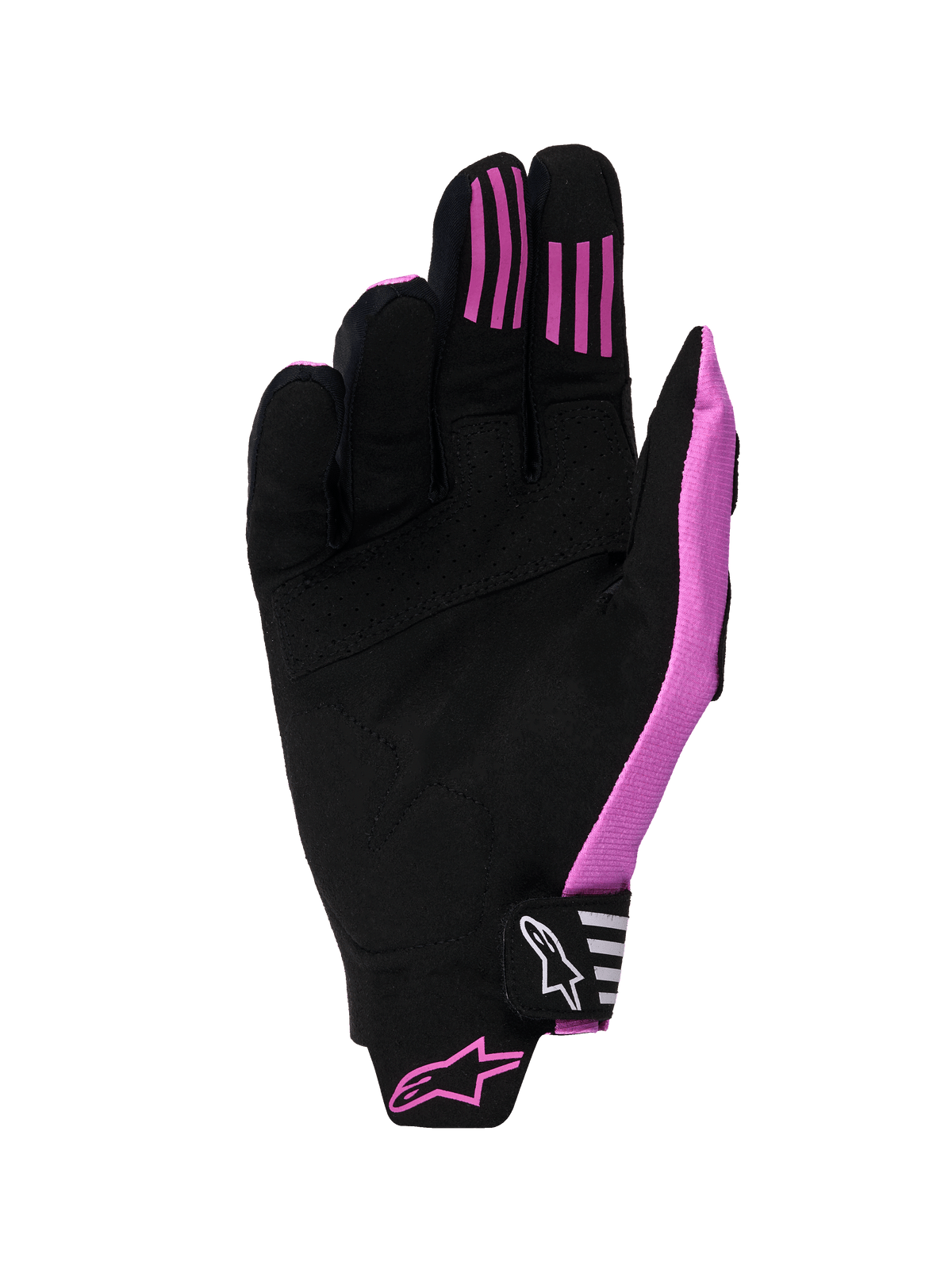 Gants Alpinestars Techstar 2026, gants de motocross, noir et violet, vue de la paume présentant une construction en suède synthétique, bandes d'adhérence en silicone sur les doigts et sangle de fermeture Velcro moulée avec logo.