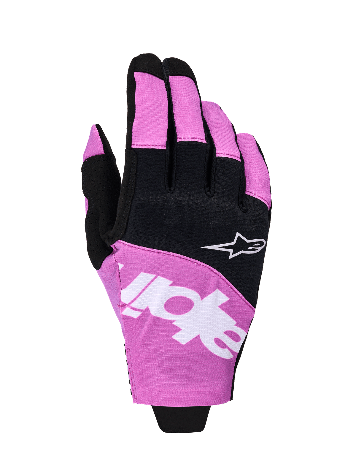 Gants Alpinestars Techstar 2026, gants de motocross, noirs et violets, vue du dos de la main présentant le logo Astar blanc et le marquage, construction en micro ripstop extensible, protection haute performance pour le tout-terrain