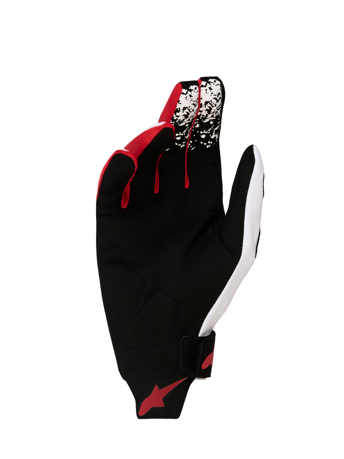 Alpinestars Gants Techstar 2027, gants de motocross pour homme, noirs, blancs et rouges fluo, vue de la paume en suède synthétique renforcée, bout des doigts conducteurs