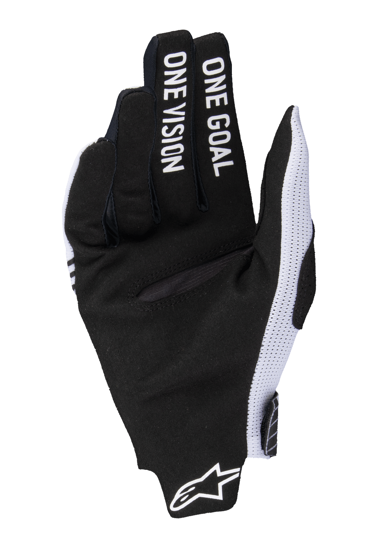 Gants Alpinestars Radar Pro 2025, gants de motocross, blanc et noir, vue de la paume en daim synthétique noir avec le texte « ONE GOAL ONE VISION » sur les doigts, panneaux latéraux en maille blanche et logo Alpinestars au poignet.