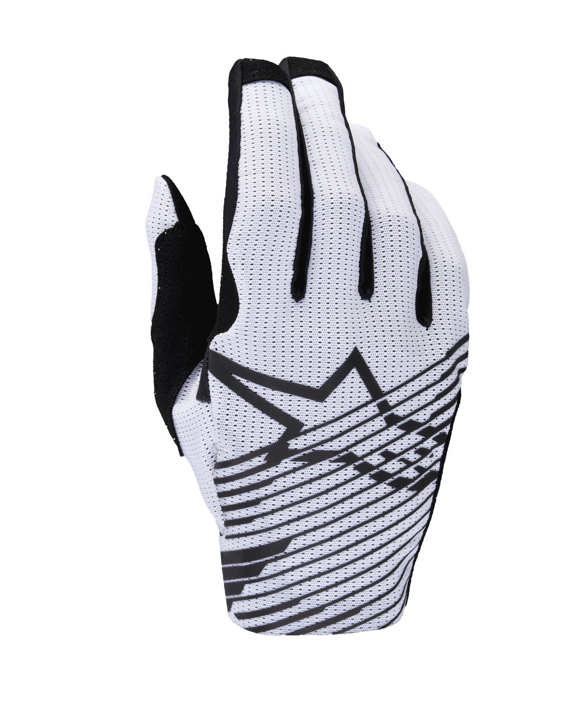 Gants Alpinestars Radar Pro 2025, gants de motocross, blancs et noirs, vue du dos de la main avec construction en mesh perforé, logo étoile Alpinestars noir avec lignes graphiques horizontales et accents noirs sur les doigts