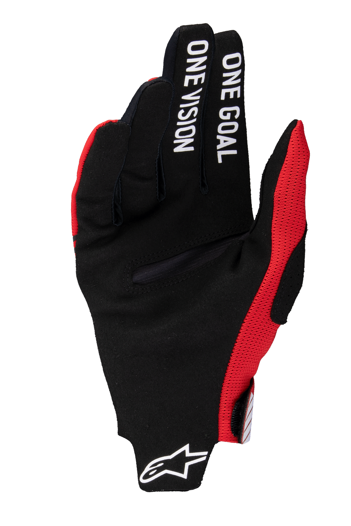 Gants Alpinestars 2025 Radar Pro, gants de motocross, rouge vif, paume en daim synthétique noir avec le texte "ONE GOAL ONE VISION" sur les doigts, accents en maille rouge, logo Astars blanc sur le poignet, design minimaliste pour un contrôle maximal