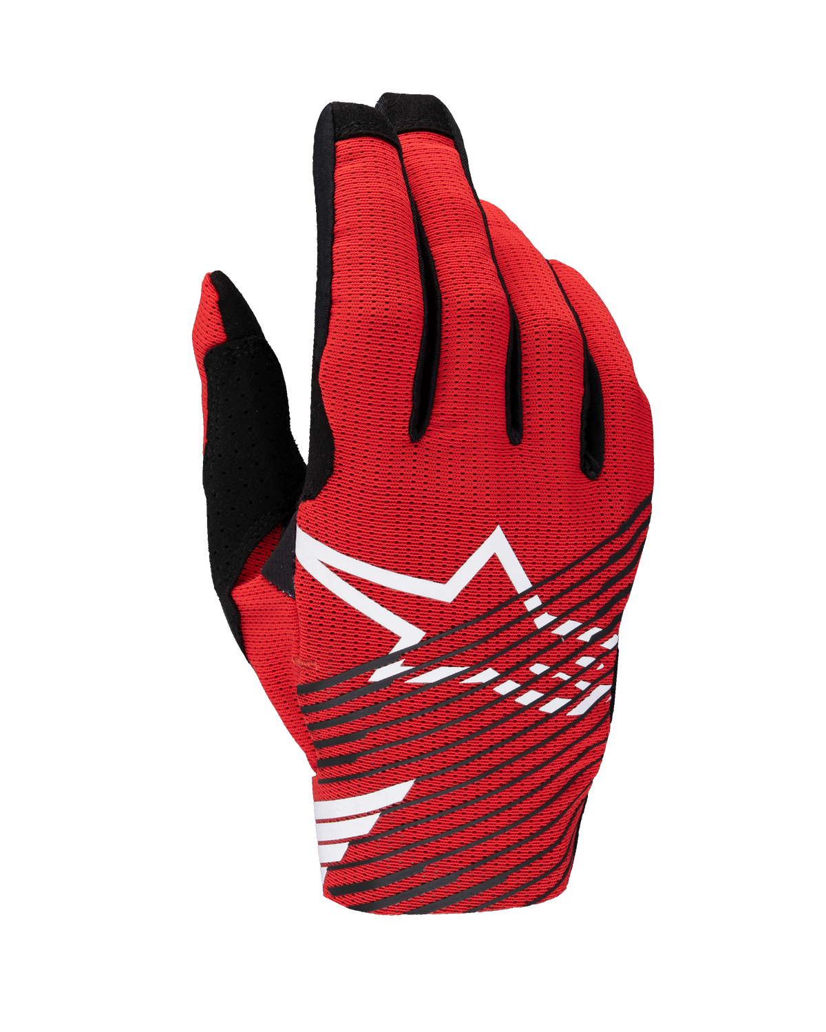 Gants Alpinestars Radar Pro 2025, gants de motocross, rouge vif, noir et blanc, avec un grand logo étoile blanche et des rayures diagonales noires sur le dos de la main en maille respirante, équipement de performance léger pour la course tout-terrain