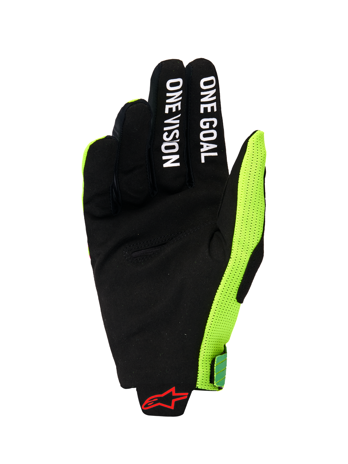 Alpinestars 2026 Radar Pro Gloves, palm view of a motocross glove, black synthetic suede with 'ONE GOAL' and 'ONE VISION' white text on fingers, bright fluo yellow mesh side panel, red Alpinestars logo on the wrist, minimalist performance gear for off-road riding