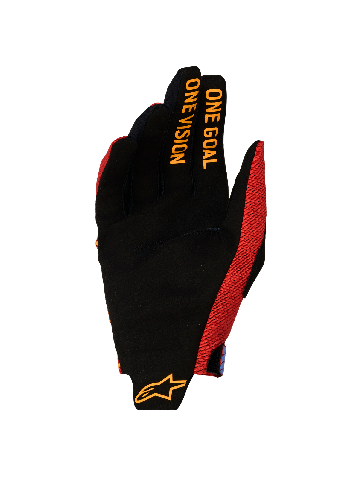 Alpinestars Radar Pro Gloves 2027, Men's Motocross Racing Gloves, Fire Red and Black, featuring a synthetic suede palm and One Goal One Vision finger graphics.