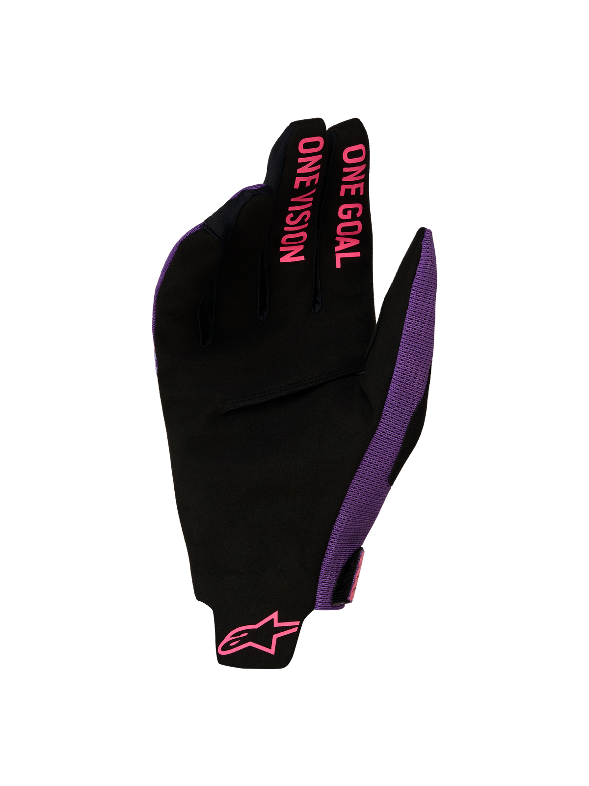 Alpinestars Radar Pro Gloves 2027, motocross gloves in black and purple with pink ONE GOAL ONE VISION finger graphics.