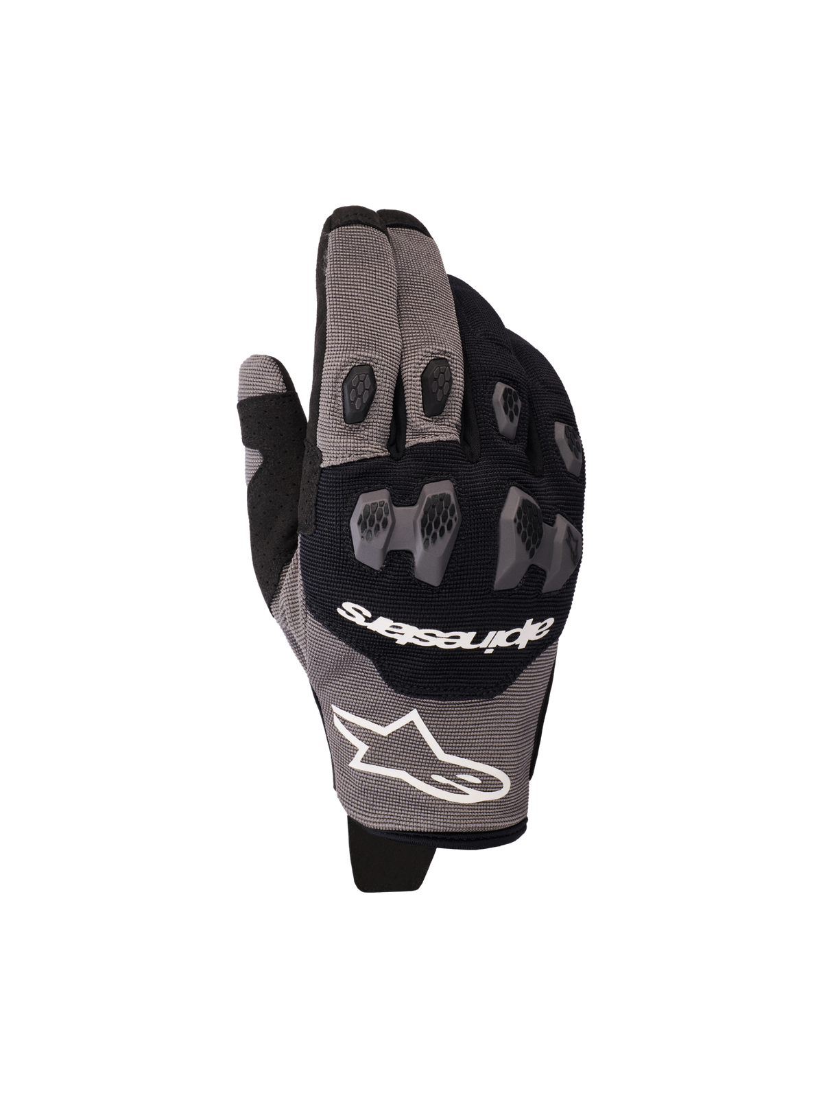 Gants Alpinestars Pro-Dura 2026, gants de moto noirs et gris, dotés d'une protection des articulations en TPR en deux parties avec motif hexagonal, logo Alpinestars blanc, construction multi-panneaux extensible et en mesh, conçus pour la performance en enduro et tout-terrain.