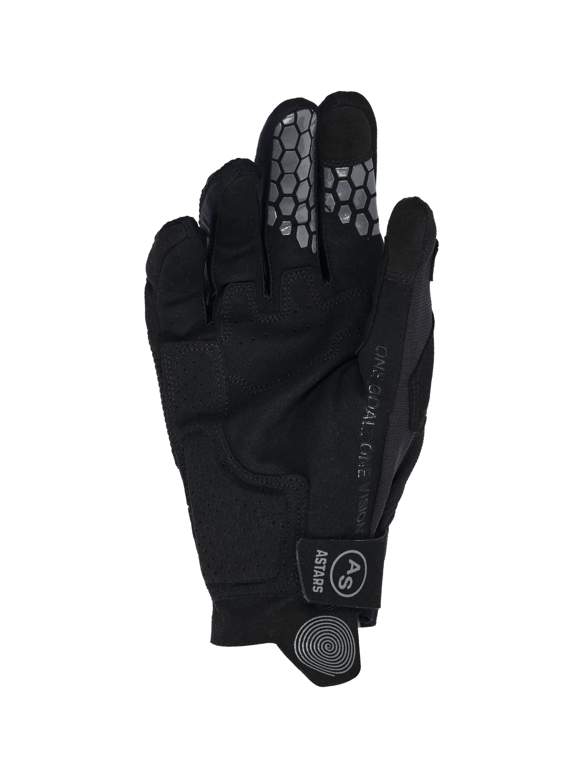 Gants Alpinestars Pro-Dura 2026, vue de la paume, suède synthétique noir avec renforts perforés, grip en silicone en nid d'abeille sur l'index et le majeur, texte « ONE GOAL. ONE VISION » et sangle de poignet avec logo Astars.
