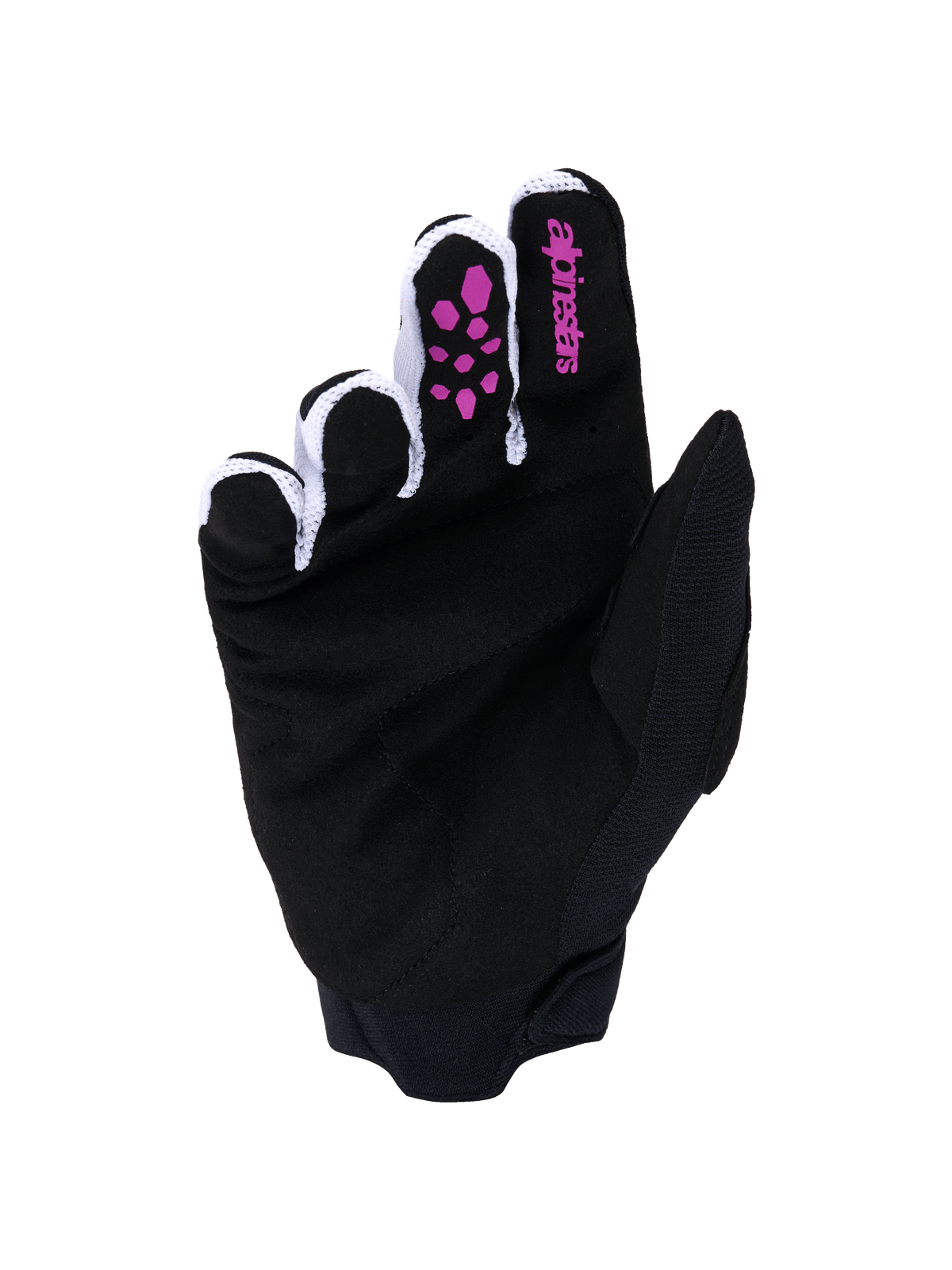 Alpinestars Full Bore V2 Gloves, Motocross Gloves, Purple and Black, palm view featuring black synthetic suede, purple silicone grip on fingers, Alpinestars logo on the index finger, white ventilated mesh between fingers, and black neoprene cuff