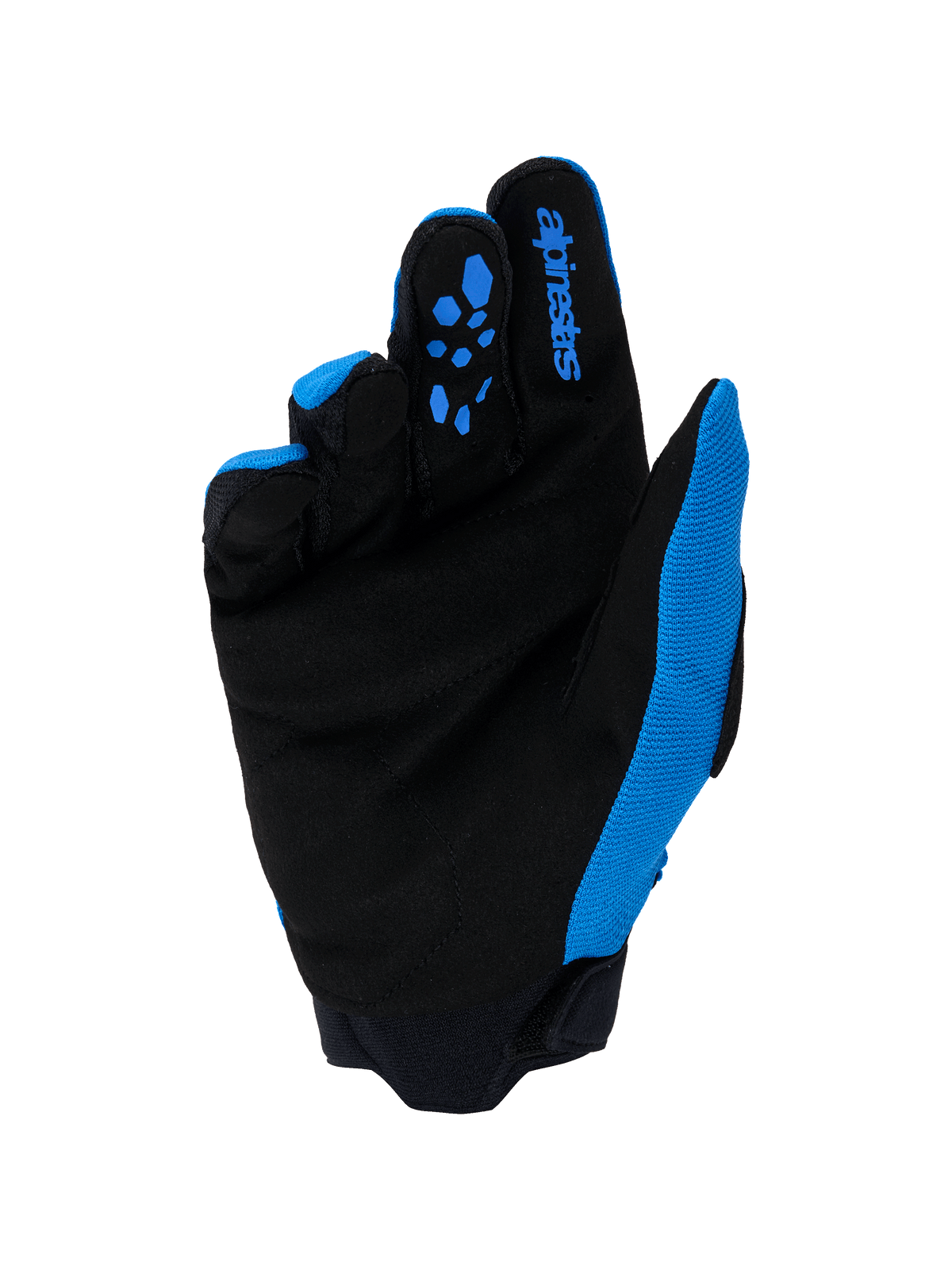Gants Alpinestars Full Bore V2, gants de motocross, bleu UCLA et noir, vue de la paume avec suède synthétique renforcé, motifs d'adhérence en silicone bleu sur les doigts, logo Alpinestars et poignet en néoprène durable