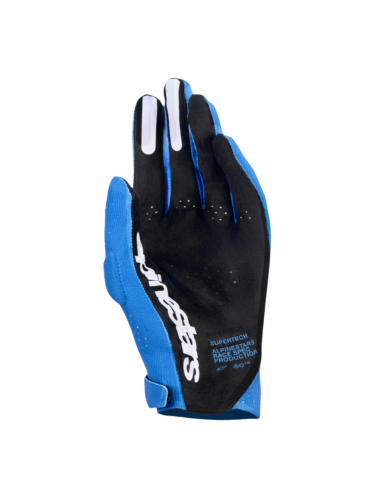 Gants Alpinestars Supertech MX, gants de motocross, bleu UCLA et bleu foncé avec accents blancs, vue de la paume montrant le matériau perforé noir, logo Alpinestars blanc, grips en silicone sur les doigts et texte technique, équipement de course tout-terrain professionnel