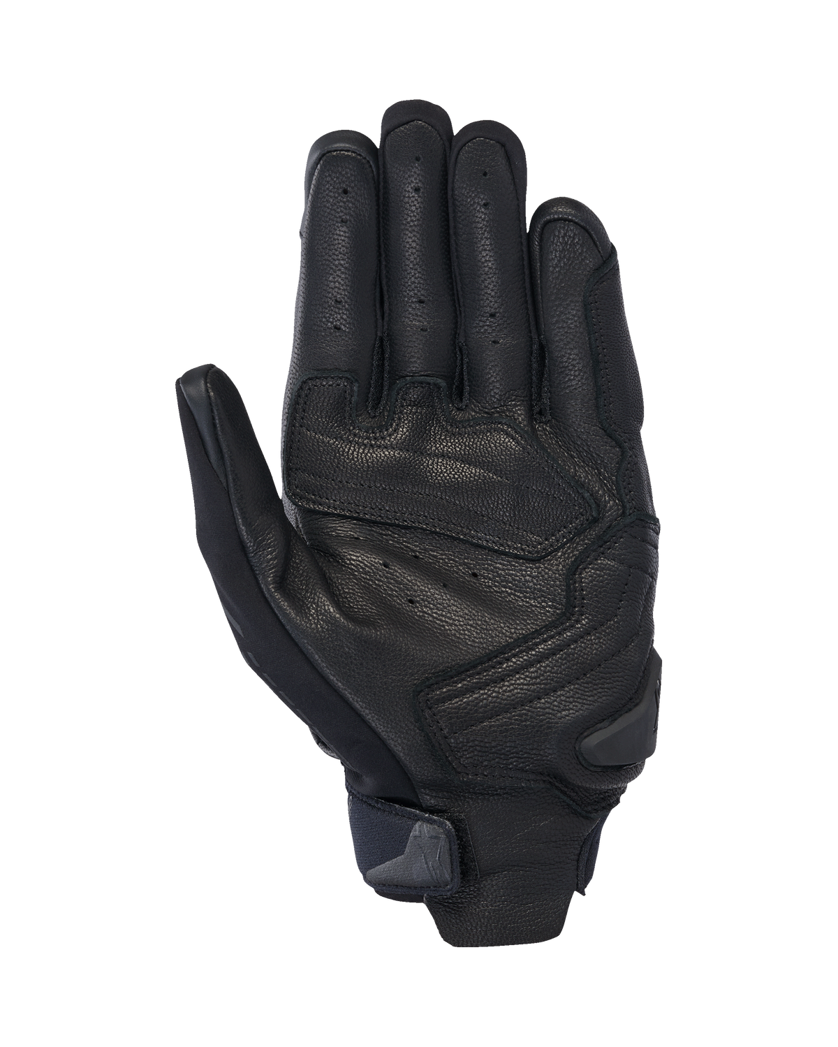 Gants Alpinestars SP X 7, gants de moto courts, noirs, vue de la paume montrant le cuir perforé pour la ventilation, renforts de paume avec slider et sangle de poignet compacte avec languette de tirage intégrée