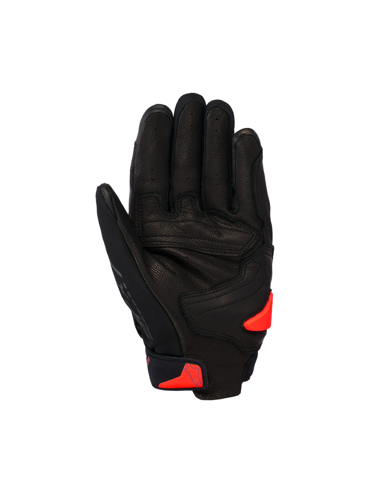 Gants Alpinestars SP X 7, gants de moto de sport courts, noir avec des accents rouge fluo, vue de la paume montrant la construction en cuir perforé, la zone de la paume renforcée et le slider de paume en TPR.