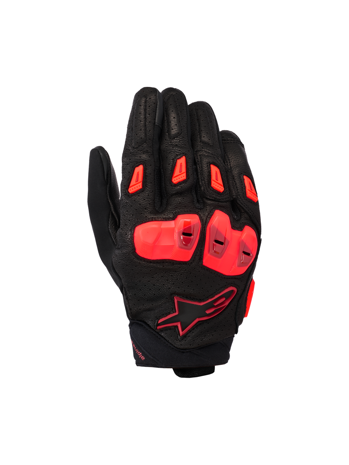 Alpinestars SP X 7, gants de moto sport à manchette courte, noir et rouge fluo, avec châssis en cuir perforé, protection des articulations en TPU double densité, sliders de doigts en TPR et manchette au design compact