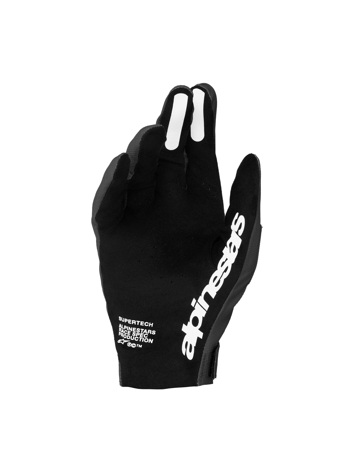 Alpinestars Supertech MX 2027, gants de motocross pour homme, noirs et blancs, avec paume perforée et grips en silicone.