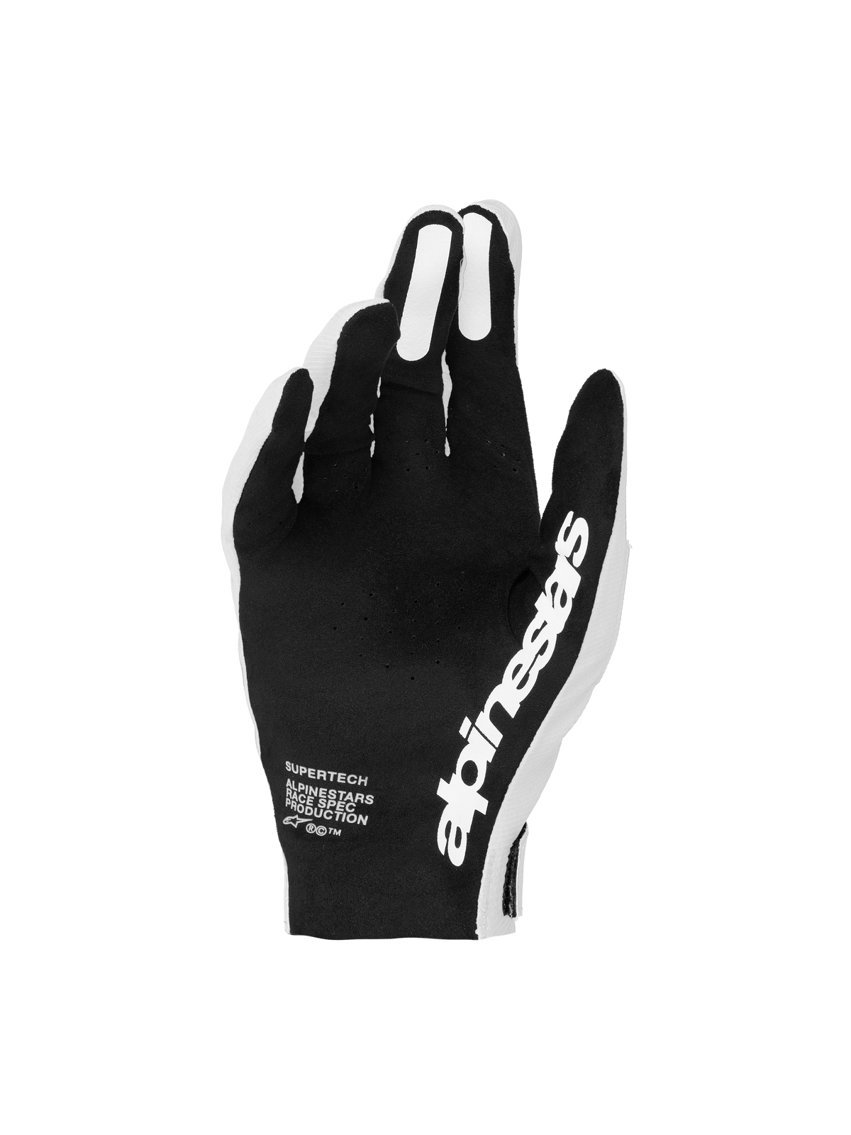 Alpinestars Supertech MX, gants de motocross noirs et blancs, paume perforée pour un contrôle de course précis.