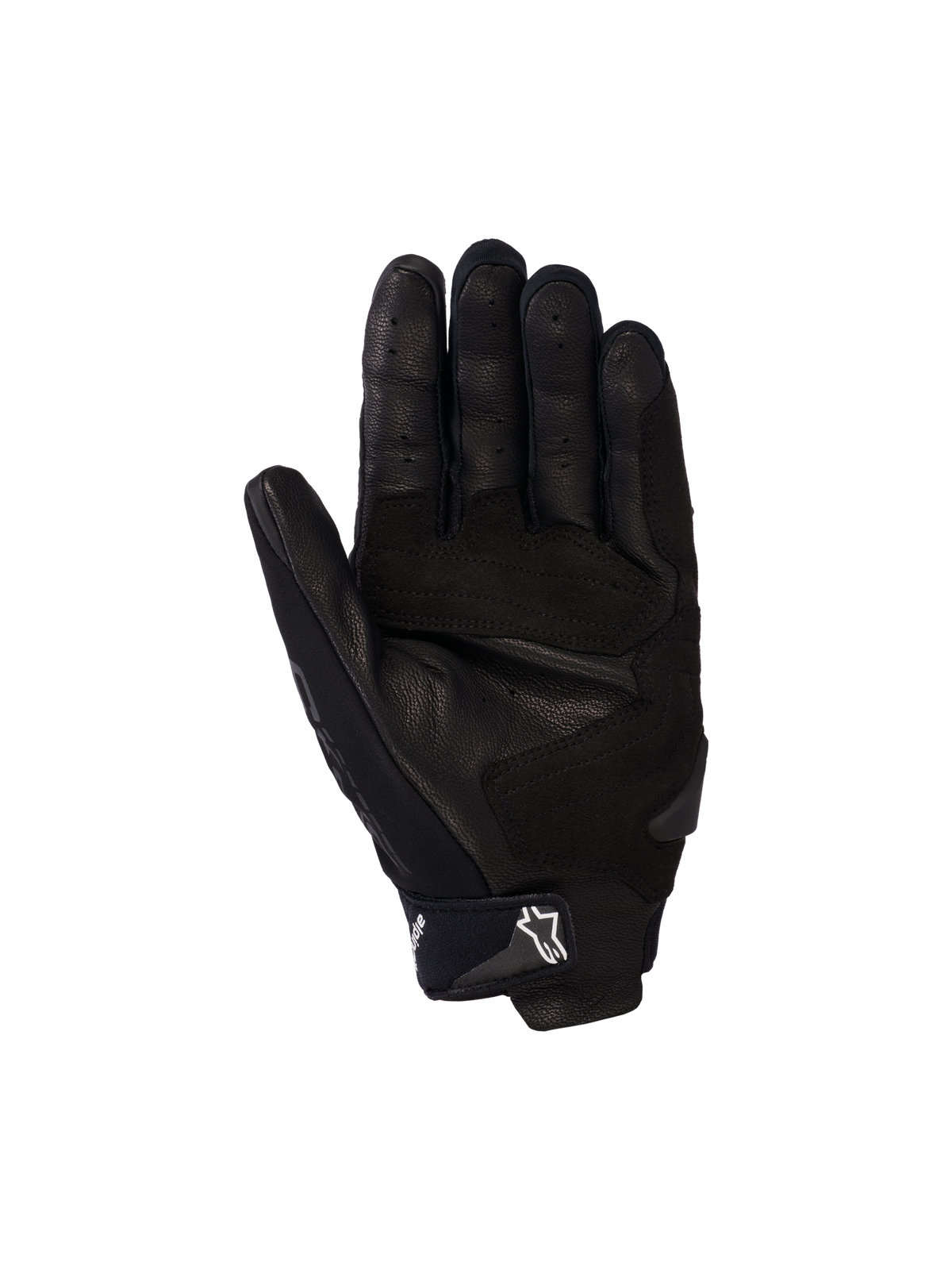 Gants Alpinestars SP X 5 Air, gants de moto, noirs, vue de la paume avec cuir perforé, sliders de paume renforcés et sangle de poignet réglable avec logo étoile blanc, équipement de protection sportif