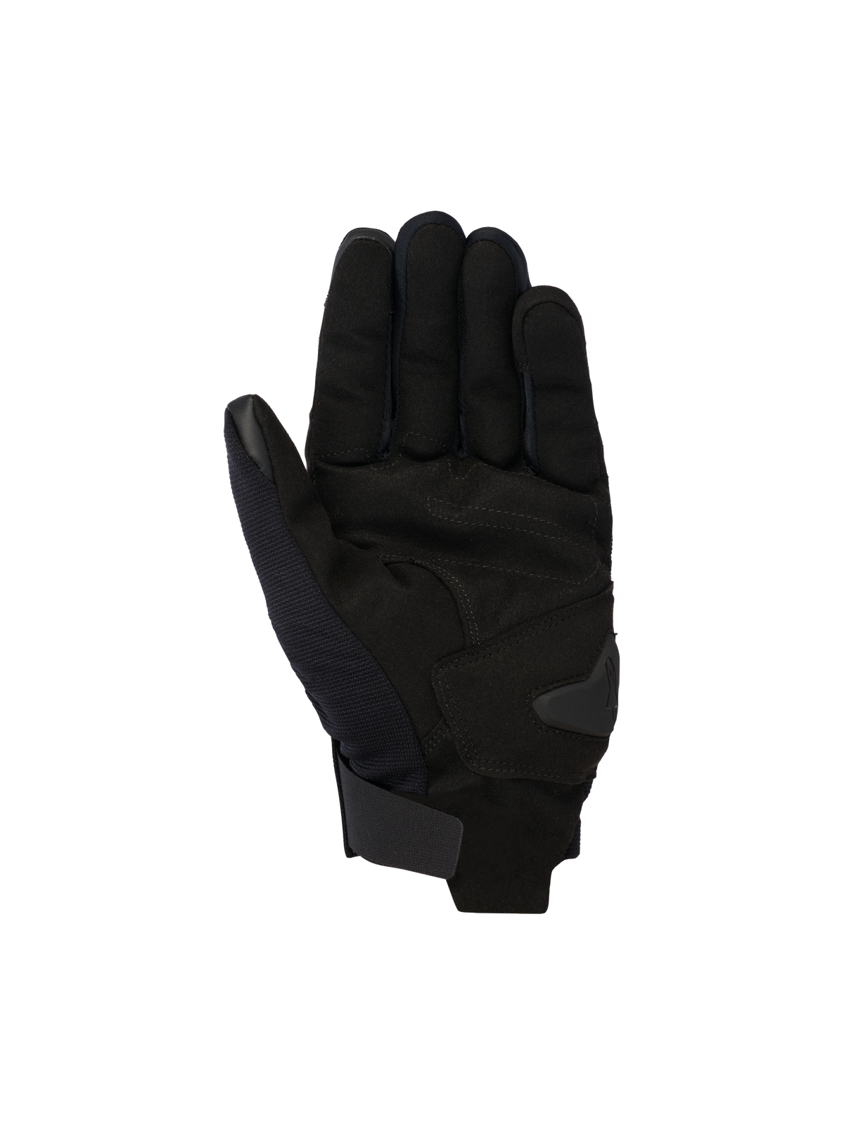 Gants Alpinestars Reef V2, gants de moto urbains noirs, vue de la paume avec construction en daim synthétique et rembourrage renforcé, manchette courte à fermeture auto-agrippante, index et pouce compatibles avec les écrans tactiles, design ergonomique pour la conduite urbaine