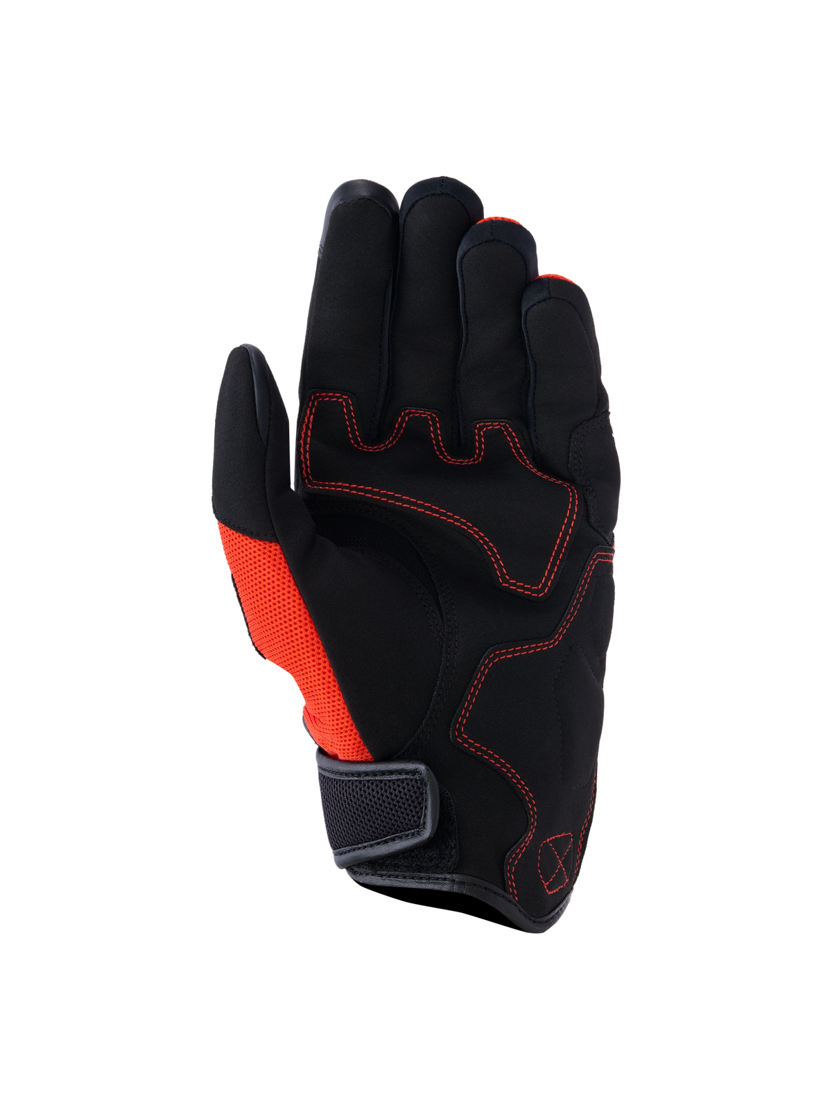 Gants Alpinestars Ignite, vue de la paume, noir et rouge tangerine, paume en suède synthétique avec coutures contrastées rouges, panneau latéral en mesh, manchette courte avec sangle auto-agrippante, équipement de moto urbain