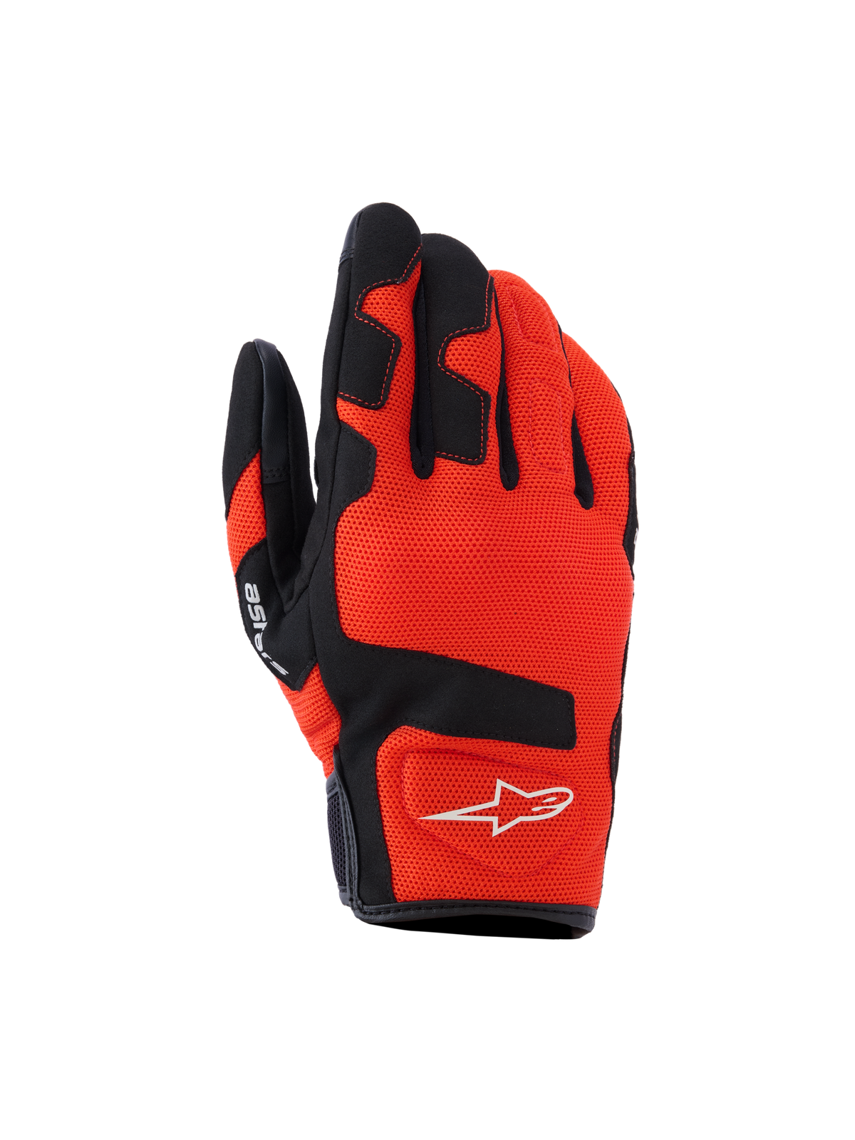 Gants Alpinestars Ignite, gants de moto, rouge tangerine et noir, textile en maille respirante, renforts noirs sur les doigts et les articulations, logo étoile blanc, conception à manchette courte