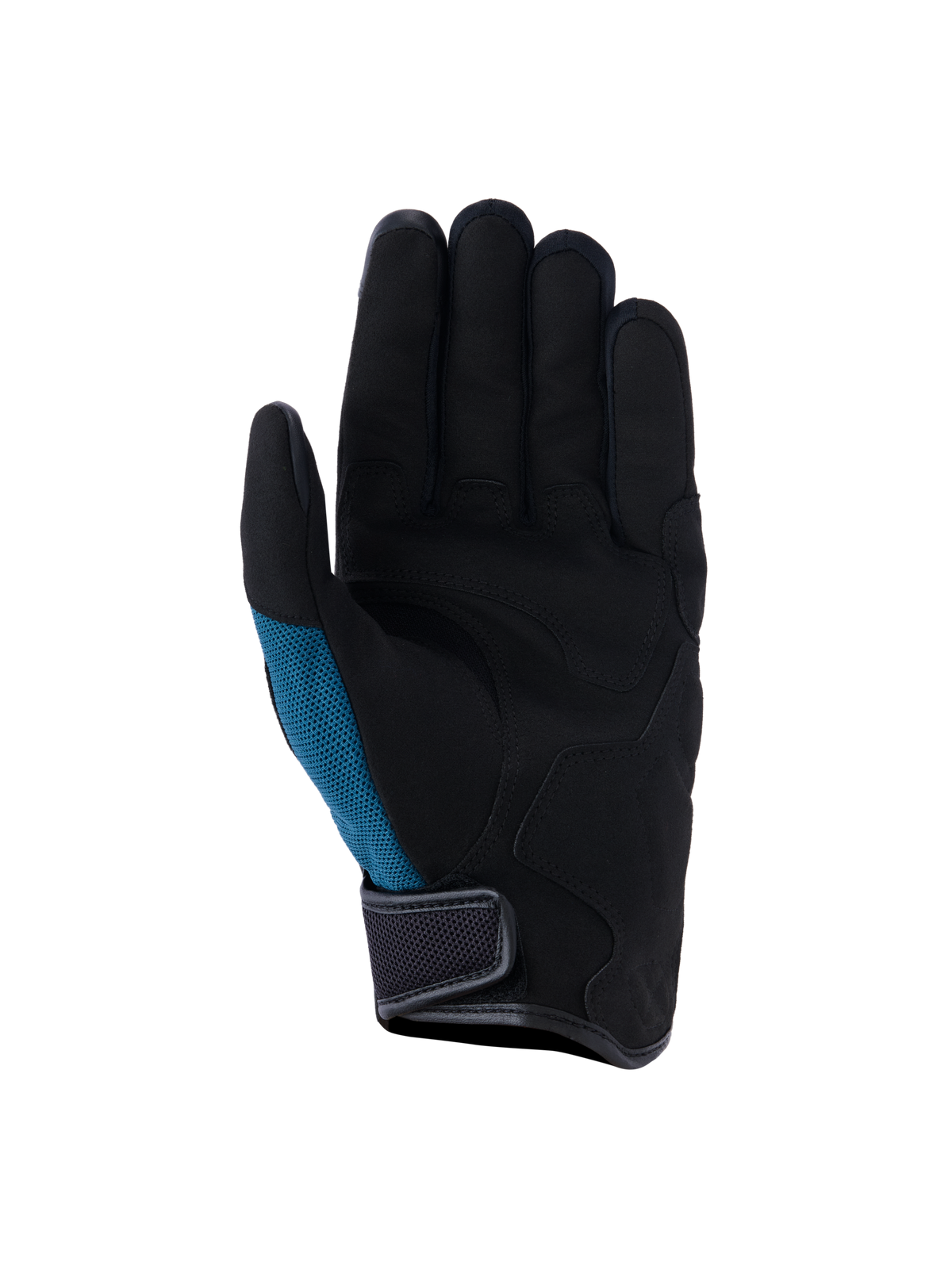 Gants Alpinestars Ignite, gants de moto urbains, bleu indigo et noir, vue de la paume en suédine synthétique avec rembourrage stratégique, empiècement latéral en maille bleu sarcelle et manchette courte avec fermeture à scratch