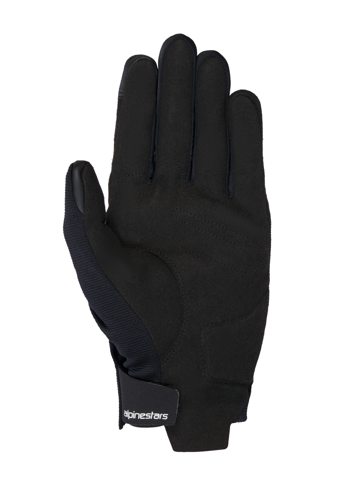 Gants Alpinestars MM93 Reef V2, vue de la paume en suède synthétique noire, renfort de paume rembourré, bouts des doigts compatibles avec les écrans tactiles, sangle de poignet à crochet et boucle avec logo blanc