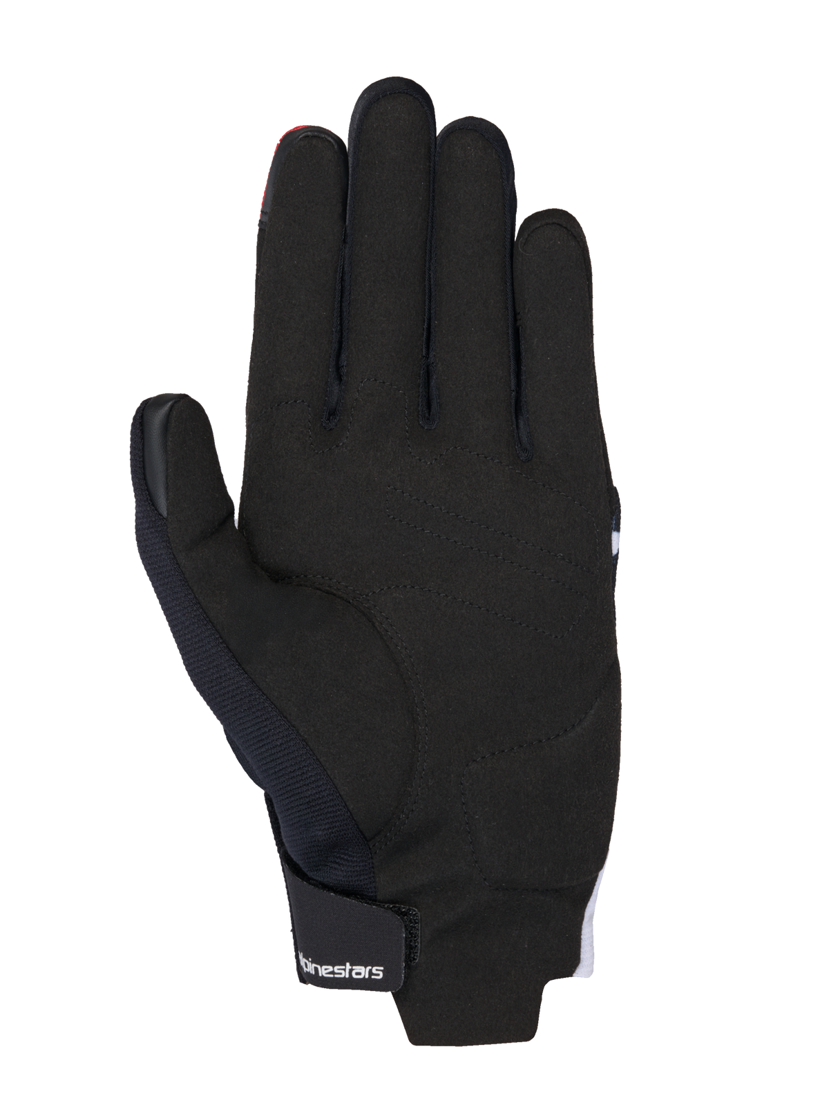 Gants Alpinestars MM93 Reef V2, vue de la paume, noir avec accents rouge vif et blanc, paume en suède synthétique, renforts rembourrés et sangle de poignet auto-agrippante avec logo Alpinestars, équipement de moto urbain moderne